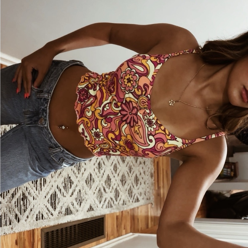 PacSun Pink Red Orange Patterned Crop Tank Top
